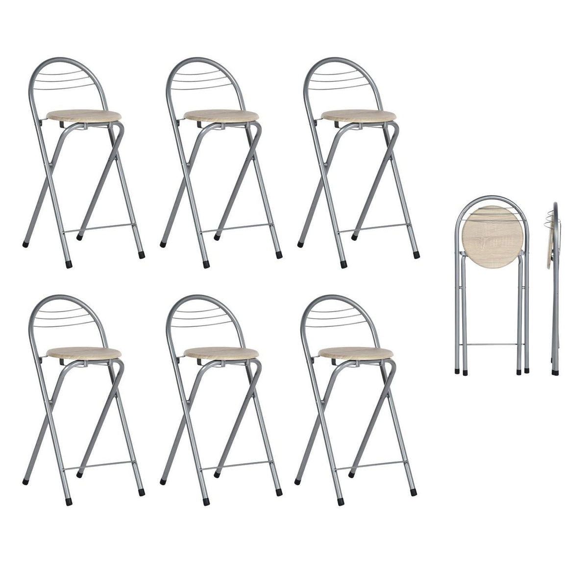 Klappbarer Barhocker 6er-Set – Holzmaserung & Silber, 61cm Sitzhöhe