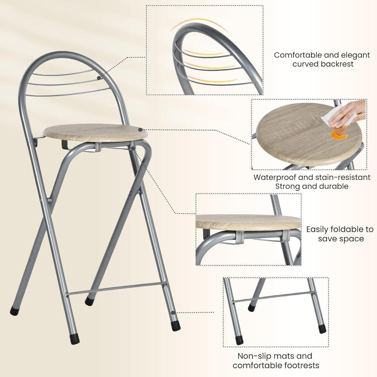 Klappbarer Barhocker 6er-Set – Holzmaserung & Silber, 61cm Sitzhöhe