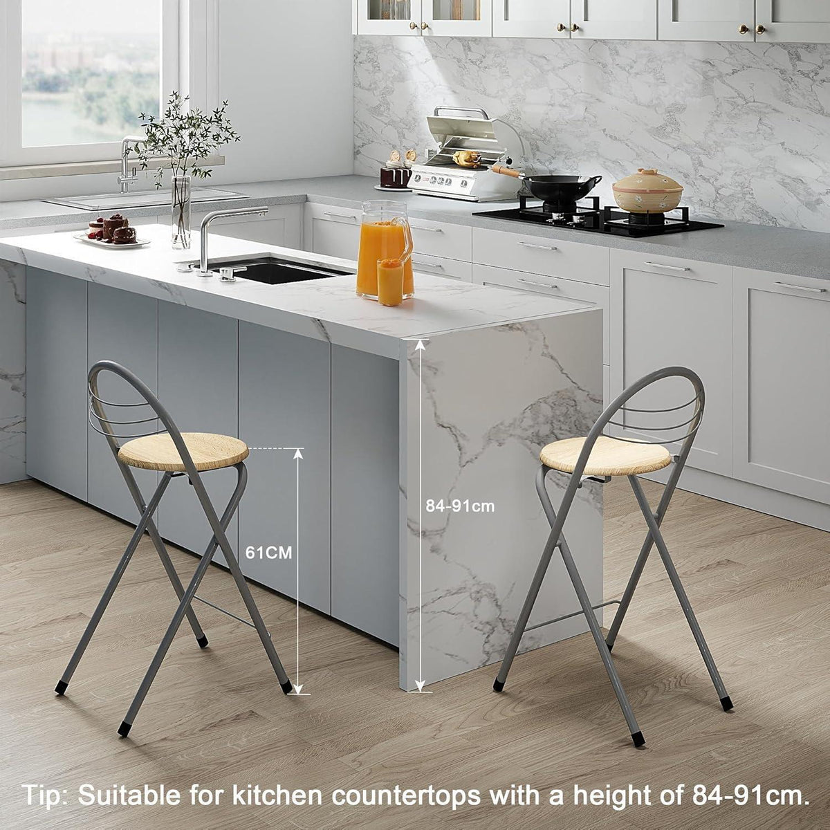Klappbarer Barhocker Holzoptik & Silber – 61cm Sitzhöhe