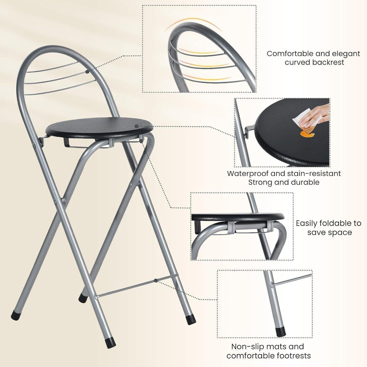 Klappbarer Barhocker 4er Set – Schwarz & Silber, 61cm Sitzhöhe