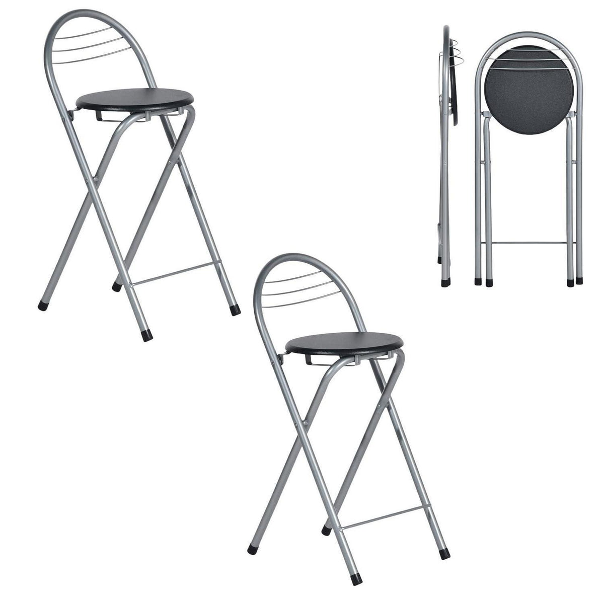 Klappbarer Barhocker 2er Set – Schwarz & Silber, 61cm Sitzhöhe