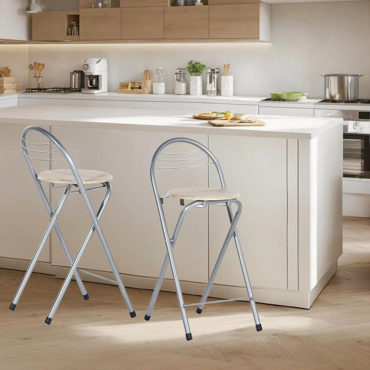 Klappbarer Barhocker 2er-Set – Holzoptik & Silber, 61cm Sitzhöhe