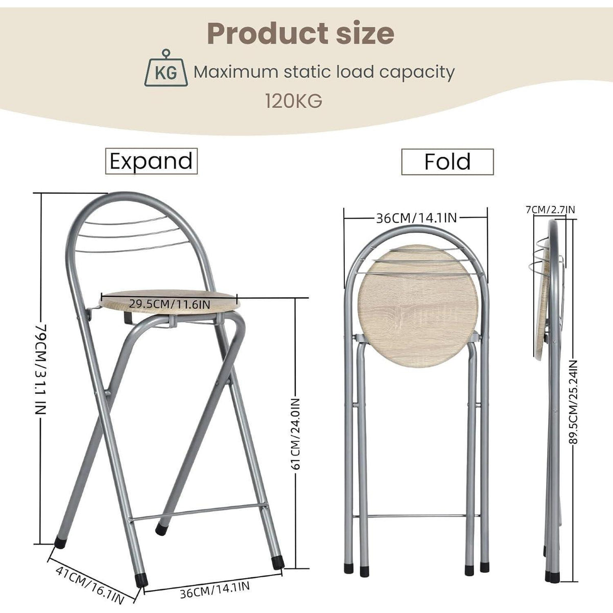 Klappbarer Barhocker 2er-Set – Holzoptik & Silber, 61cm Sitzhöhe