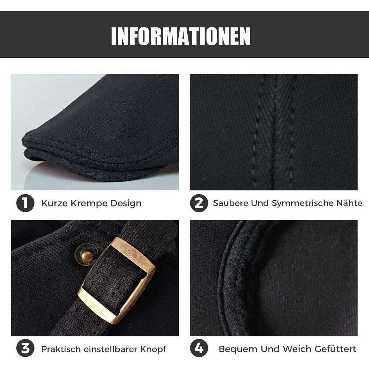 Herren Schiebermütze Baumwolle Verstellbar – Flatcap Newsboy Cap Schwarz