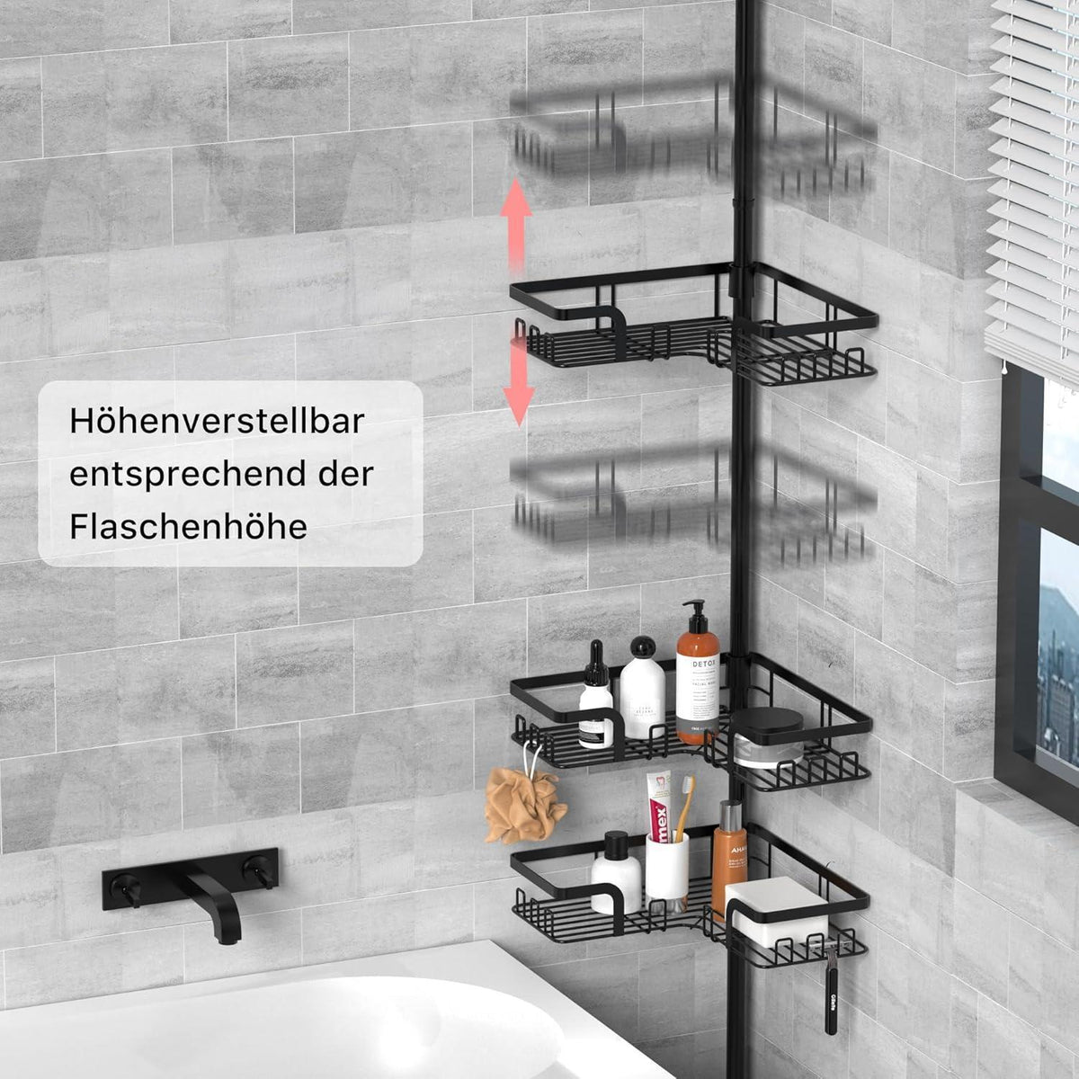 Teleskop Duschregal ohne Bohren, 4 Körbe, höhenverstellbar, Schwarz