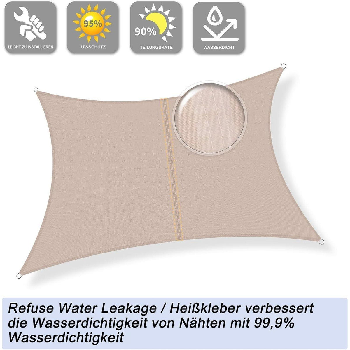 Wasserdichtes Sonnensegel 4x5m Taupe, 95% UV-Schutz
