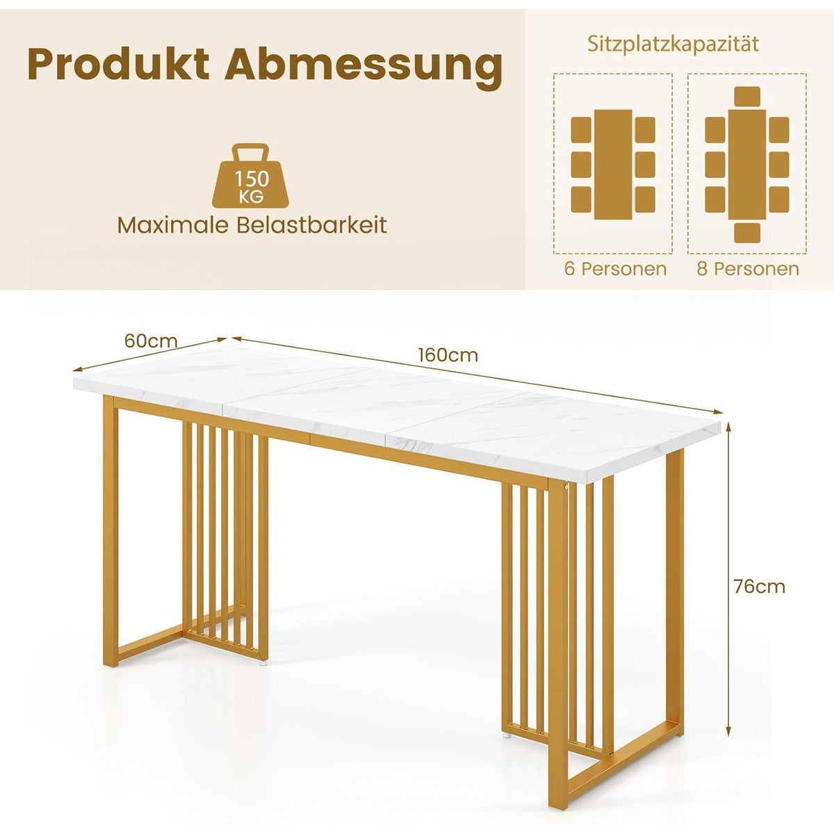 Esstisch 160x60 cm – Rechteckiger Küchentisch für 6-8 Personen