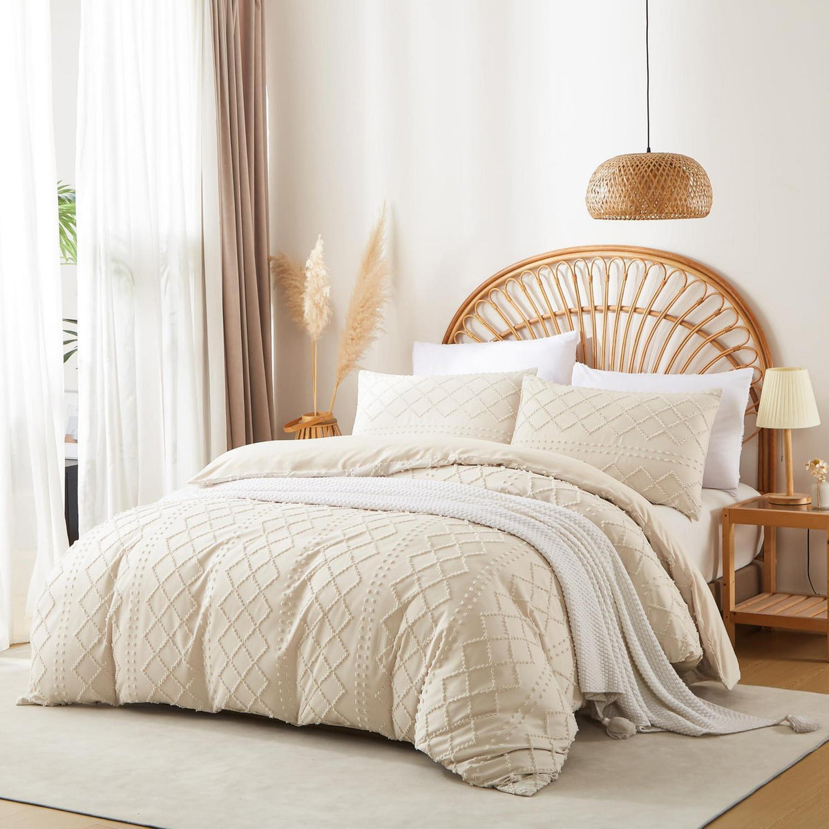 Beige Boho Bettwäsche-Set 200x200 | Getuftet & Kariert