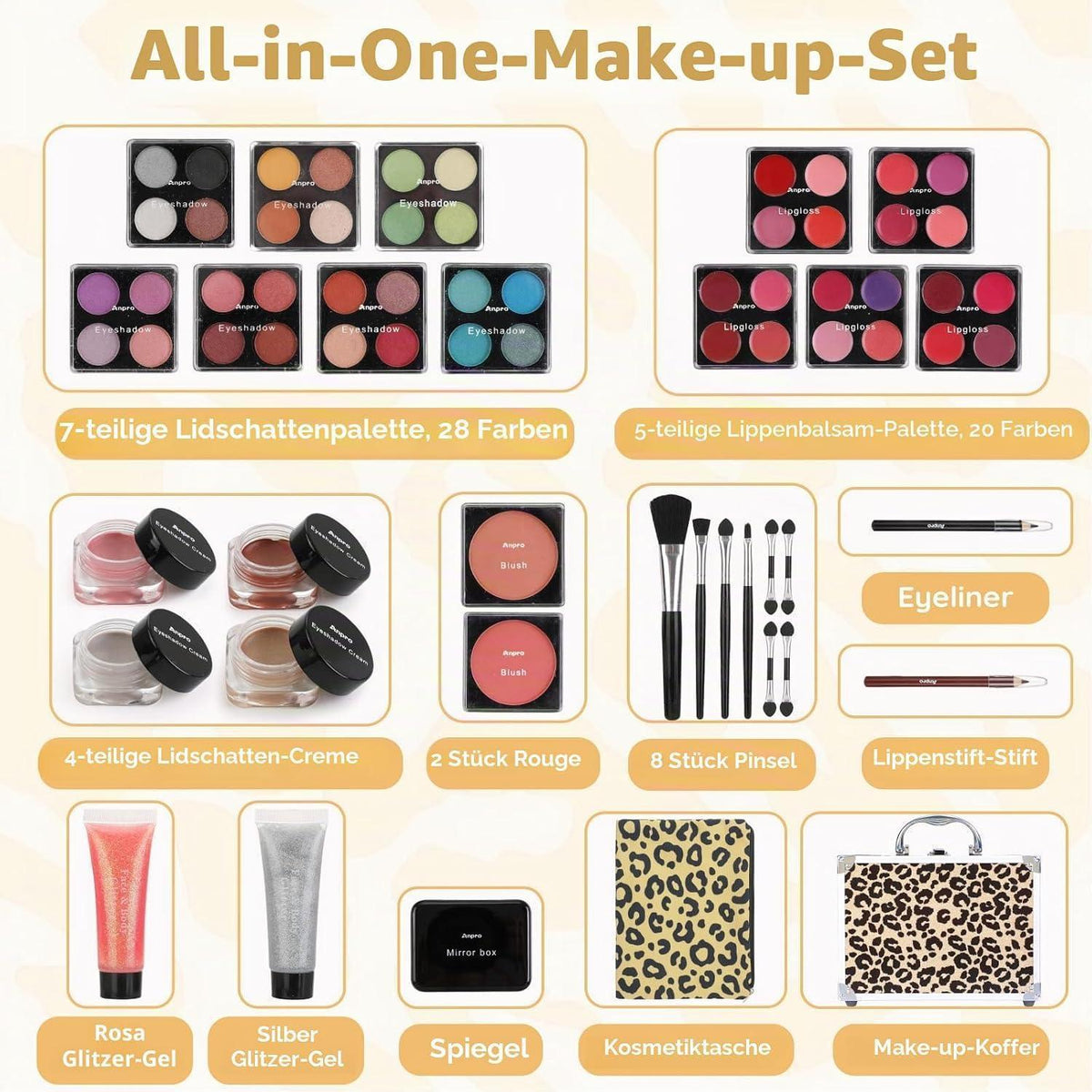 Make-Up Set für Mädchen mit Kosmetikkoffer Leopard Gelb