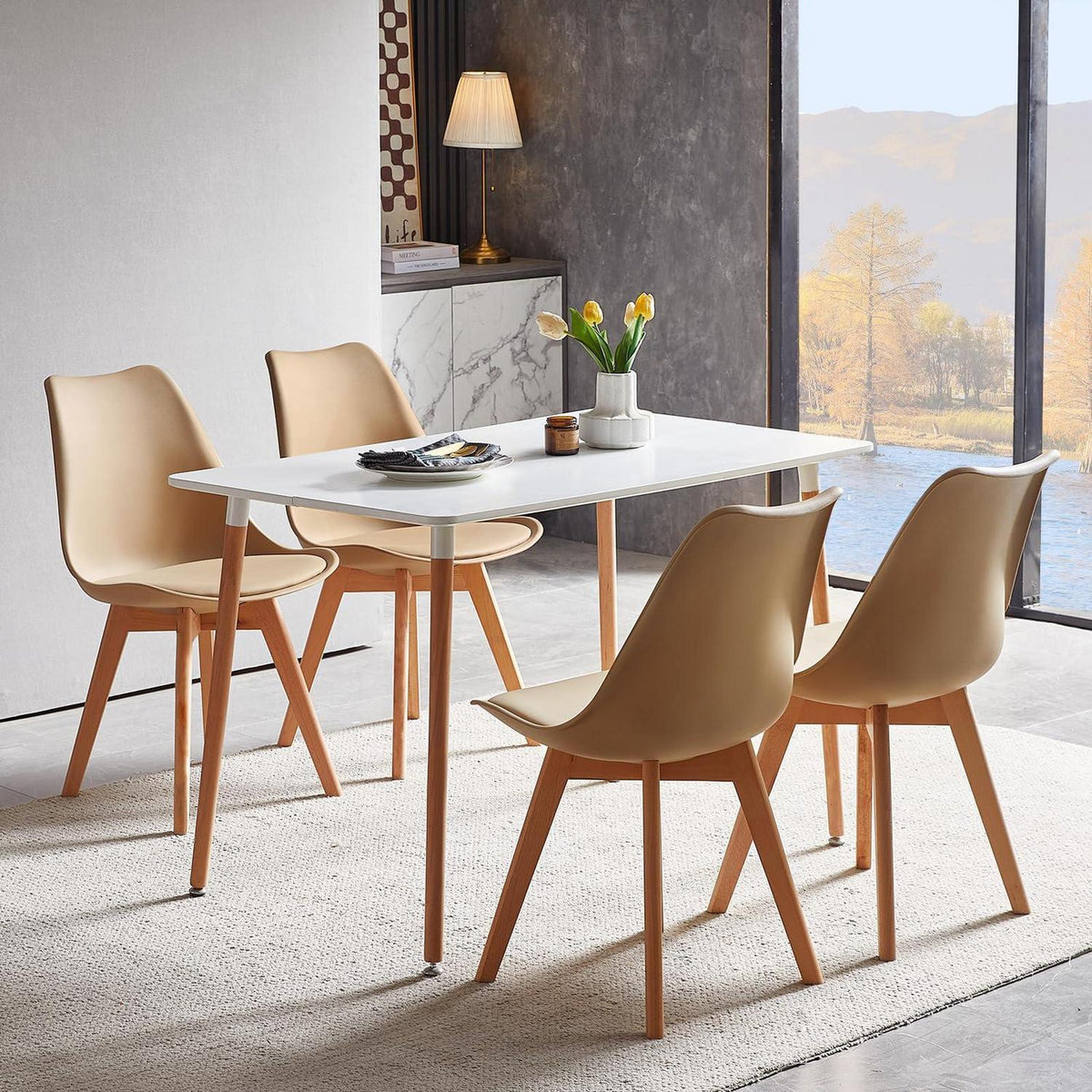 Esszimmergruppe 110cm Esstisch mit 4 Stühlen Weiß/Khaki
