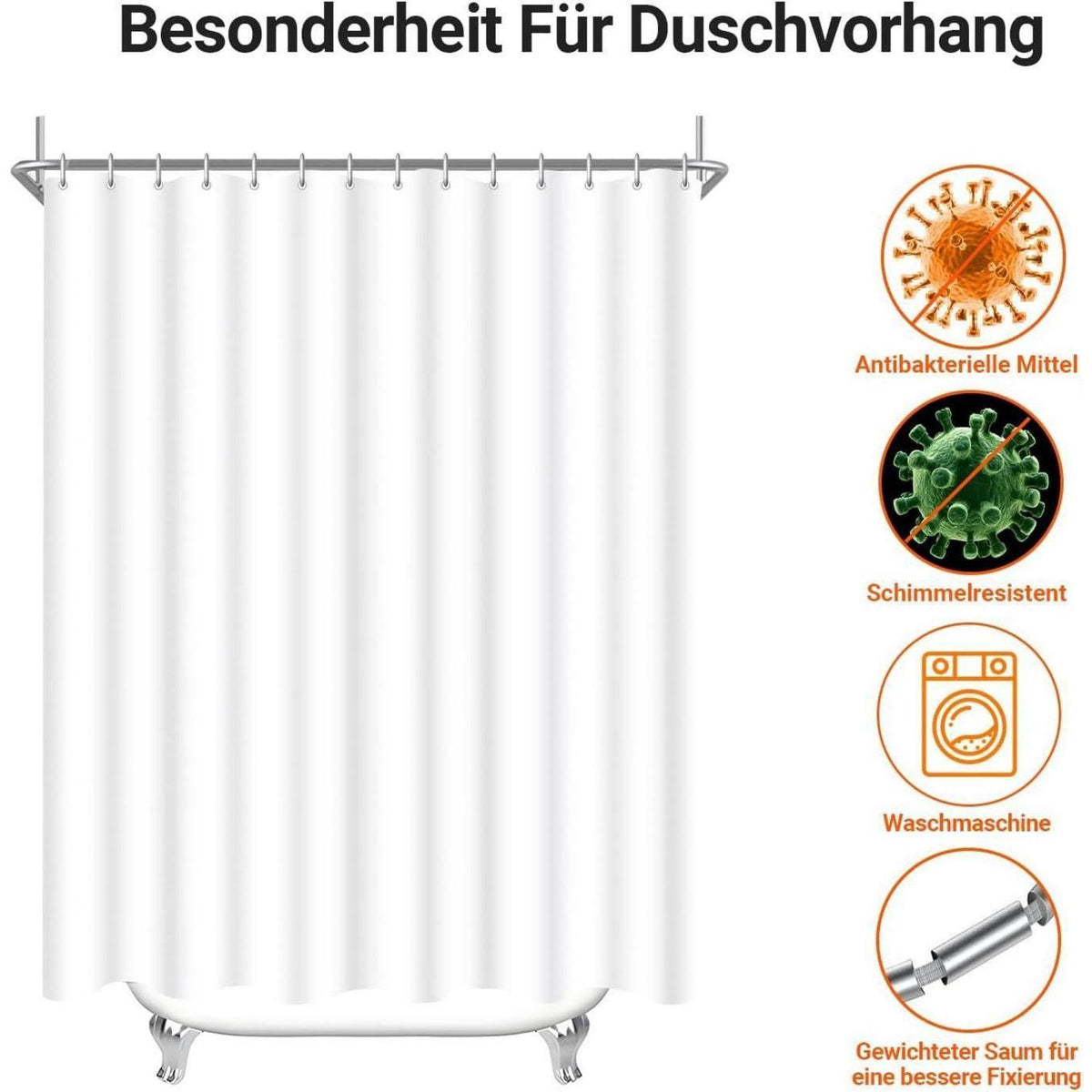 Duschvorhang 200x220cm Reinweiß mit Haken & Antischimmel Beschichtung