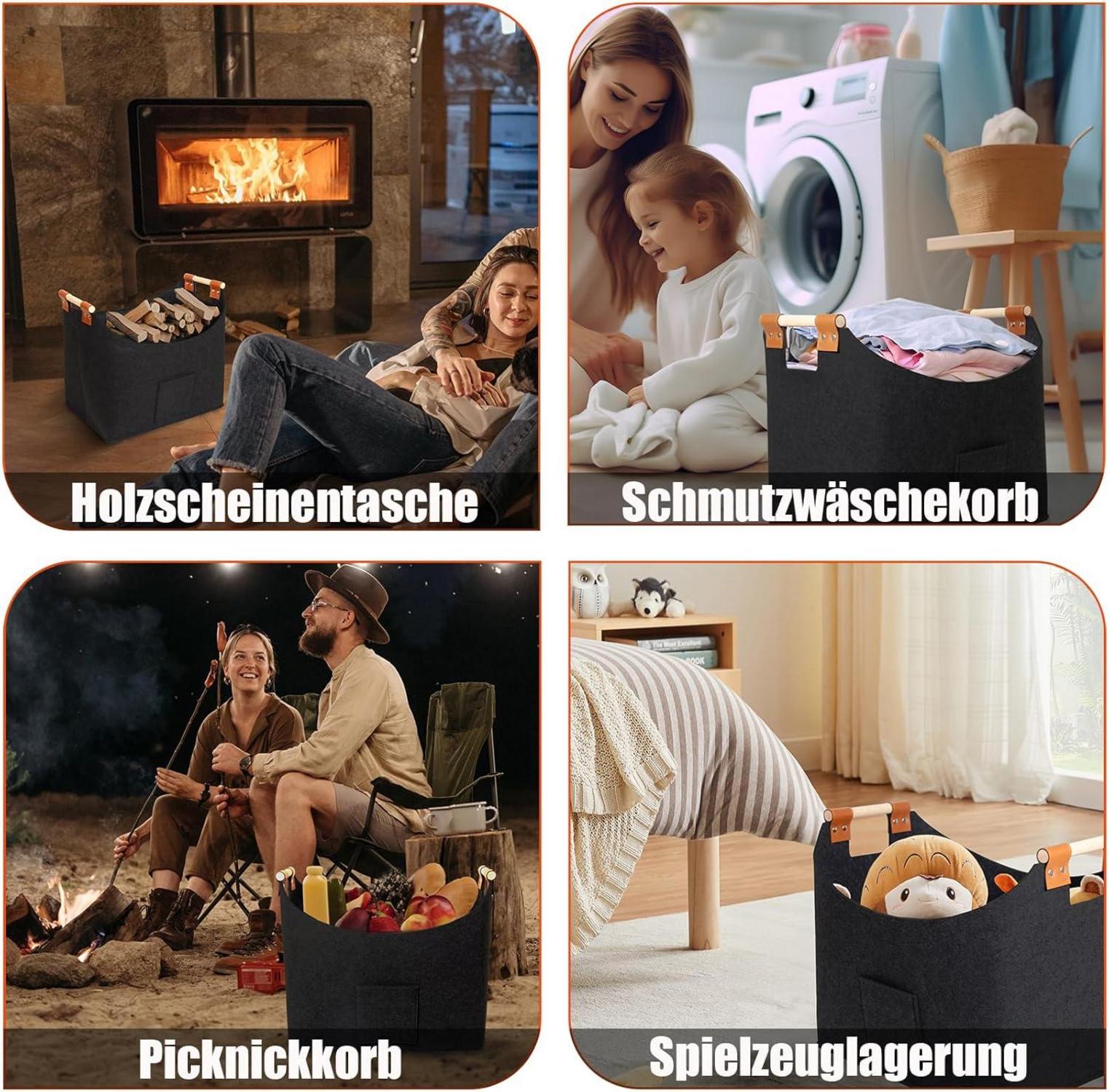 Großer Kaminholzkorb Filz Schwarz, Ergonomisches