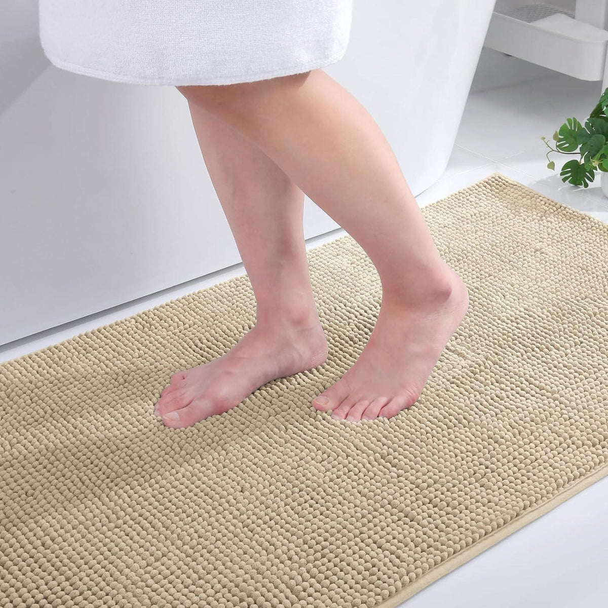 Chenille Badematte rutschfest & saugfähig, Dunkelbeige 60x90 cm
