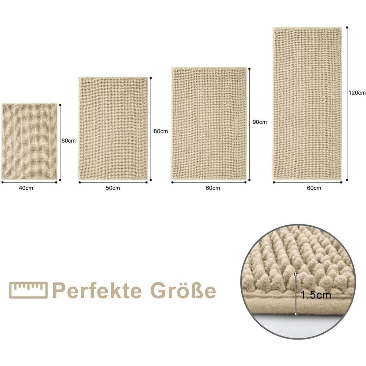 Chenille Badematte rutschfest & saugfähig, Dunkelbeige 60x90 cm