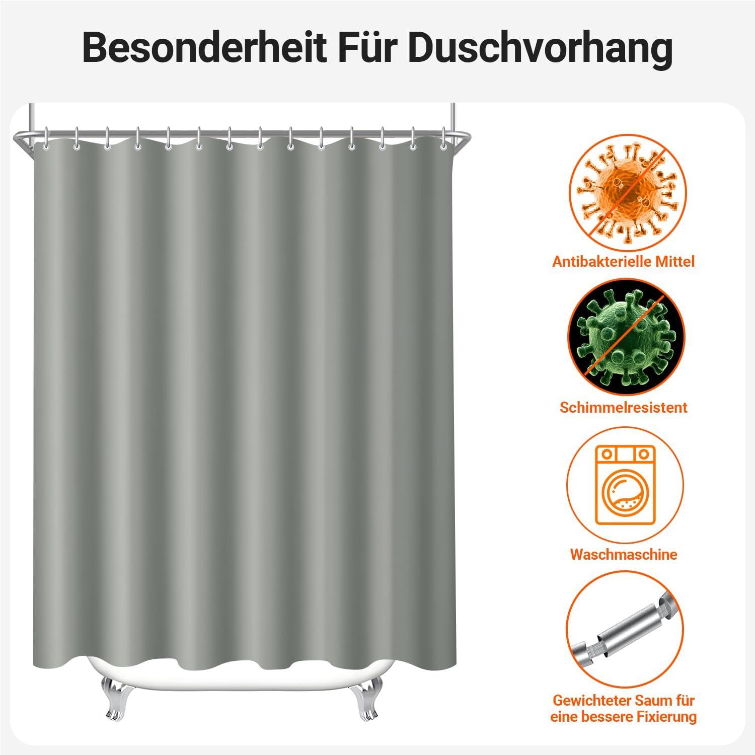 Duschvorhang 180x190cm Grau Antischimmel Textil Beschwerter Saum