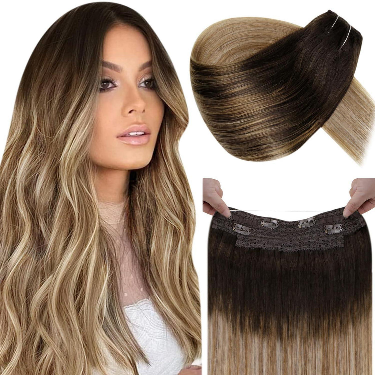 Echthaar Verlängerung Draht Ombre Braun 30cm