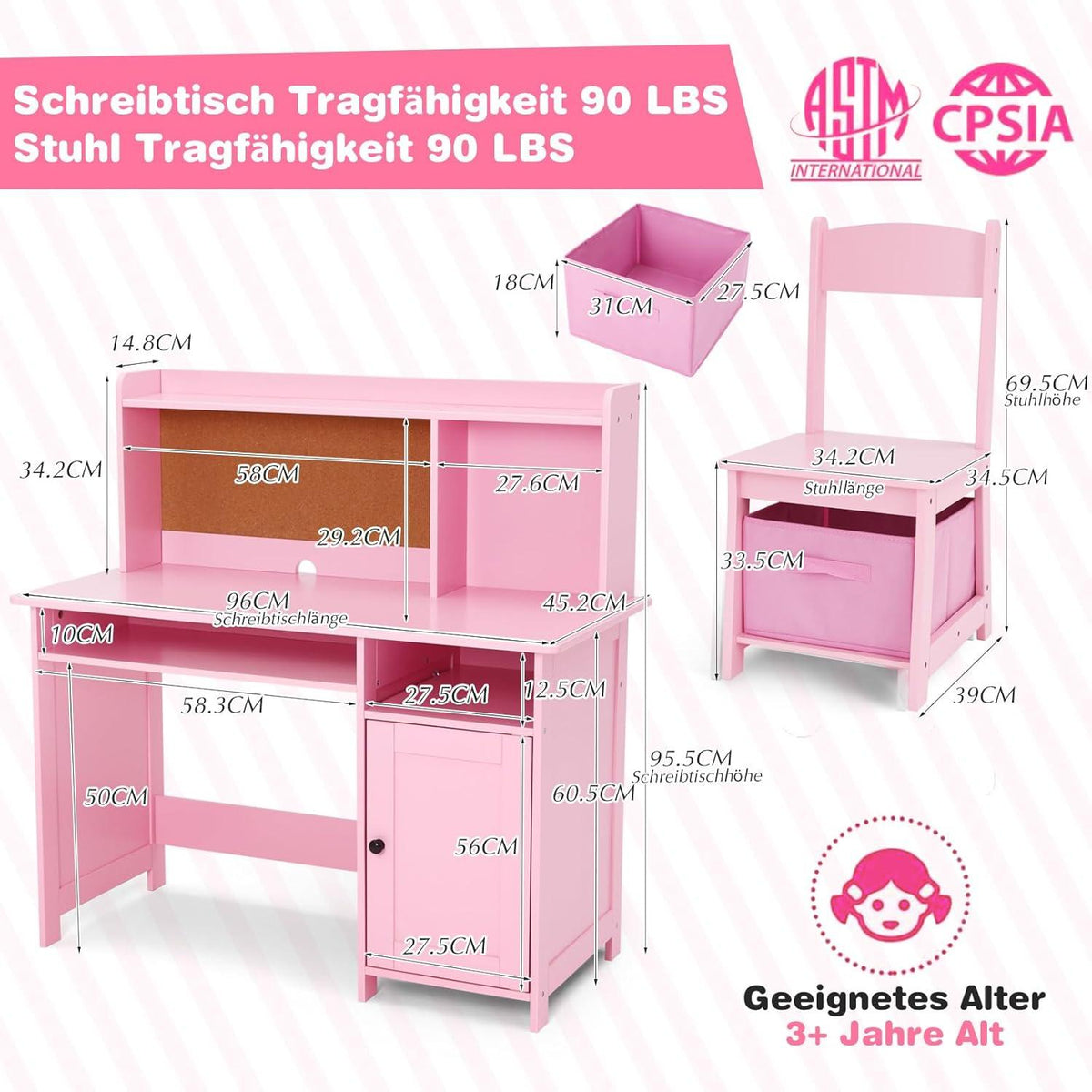 Kinderschreibtisch mit Stuhl und Stauraum für Kinder/Rosa