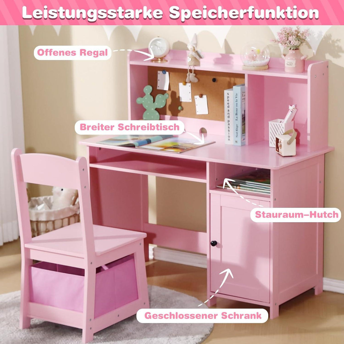 Kinder Schreibtisch mit Stuhl und Stauraum in Rosa