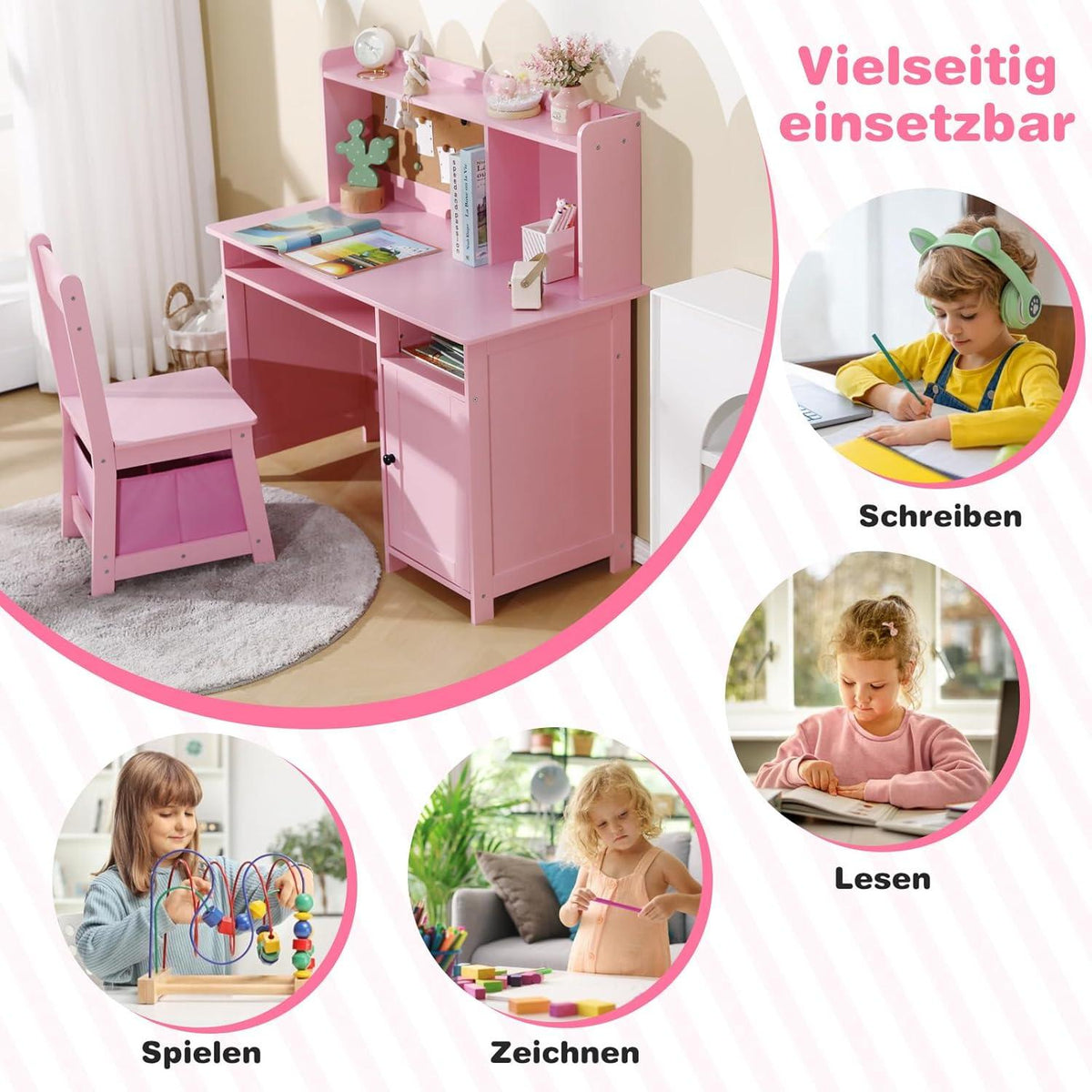 Kinderschreibtisch Holz Kinder Schreibtisch mit Stuhl Rosa Ablage Stauraum