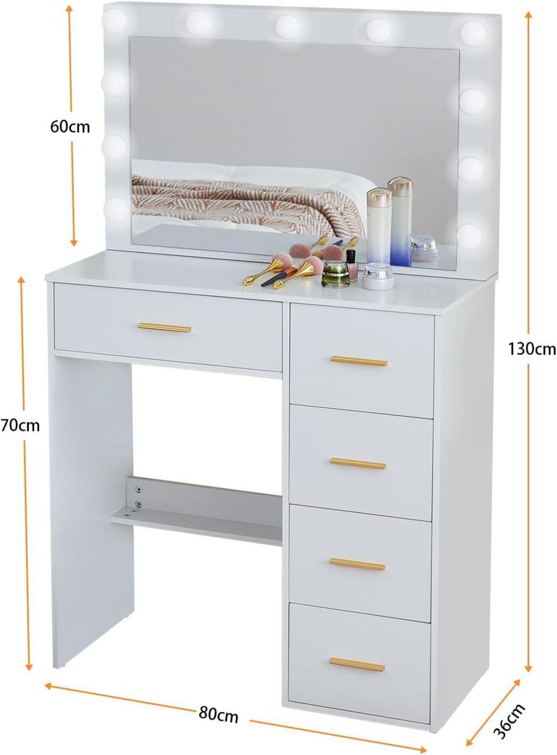 Schminktisch LED Beleuchtung Helligkeit einstellbar, Weiß, 36x80x130 cm