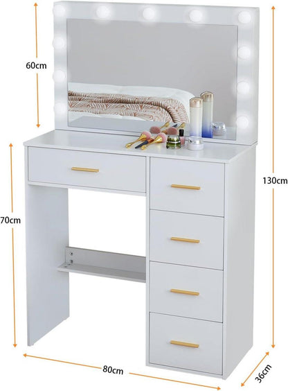 Schminktisch LED Beleuchtung Helligkeit einstellbar, Weiß, 36x80x130 cm