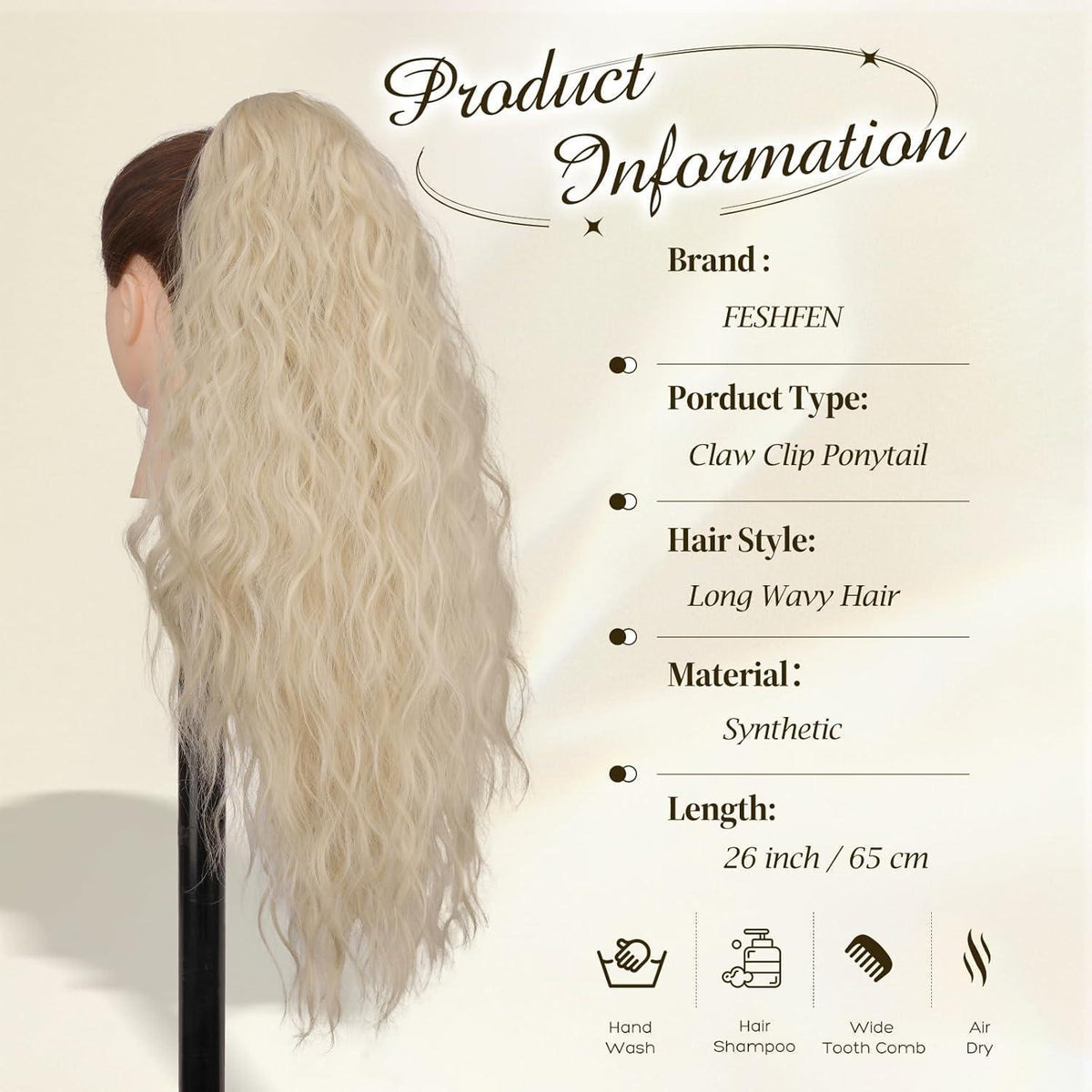 Welliges Pferdeschwanz-Haarteil mit Klammer, 65cm Hellblond