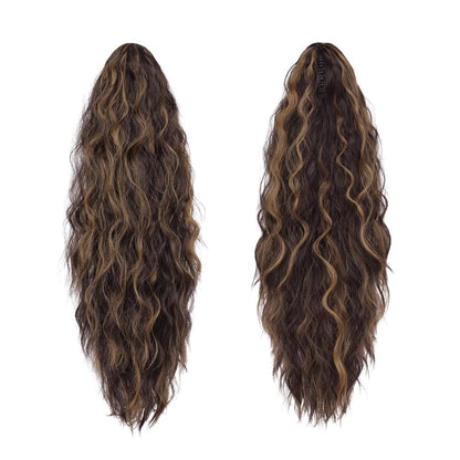 Welliges Pferdeschwanz-Haarverlängerung mit Klammer – 65cm Dunkelbraun/Blond
