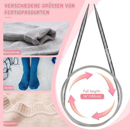Rundstricknadeln Set Edelstahl 9 Stück – 2,0-6,0 mm für Strickprojekte