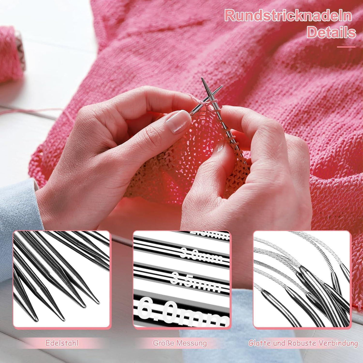 Rundstricknadeln Set Edelstahl 9 Stück – 2,0-6,0 mm für Strickprojekte