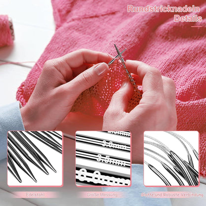 Rundstricknadeln Set Edelstahl 9 Stück – 2,0-6,0 mm für Strickprojekte