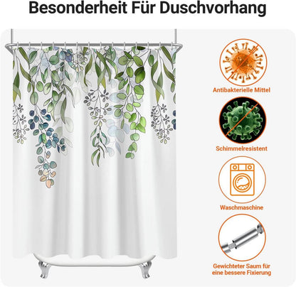 Duschvorhang 200x200cm Grün Blätter Antischimmel Textil inkl. 12 Ringe
