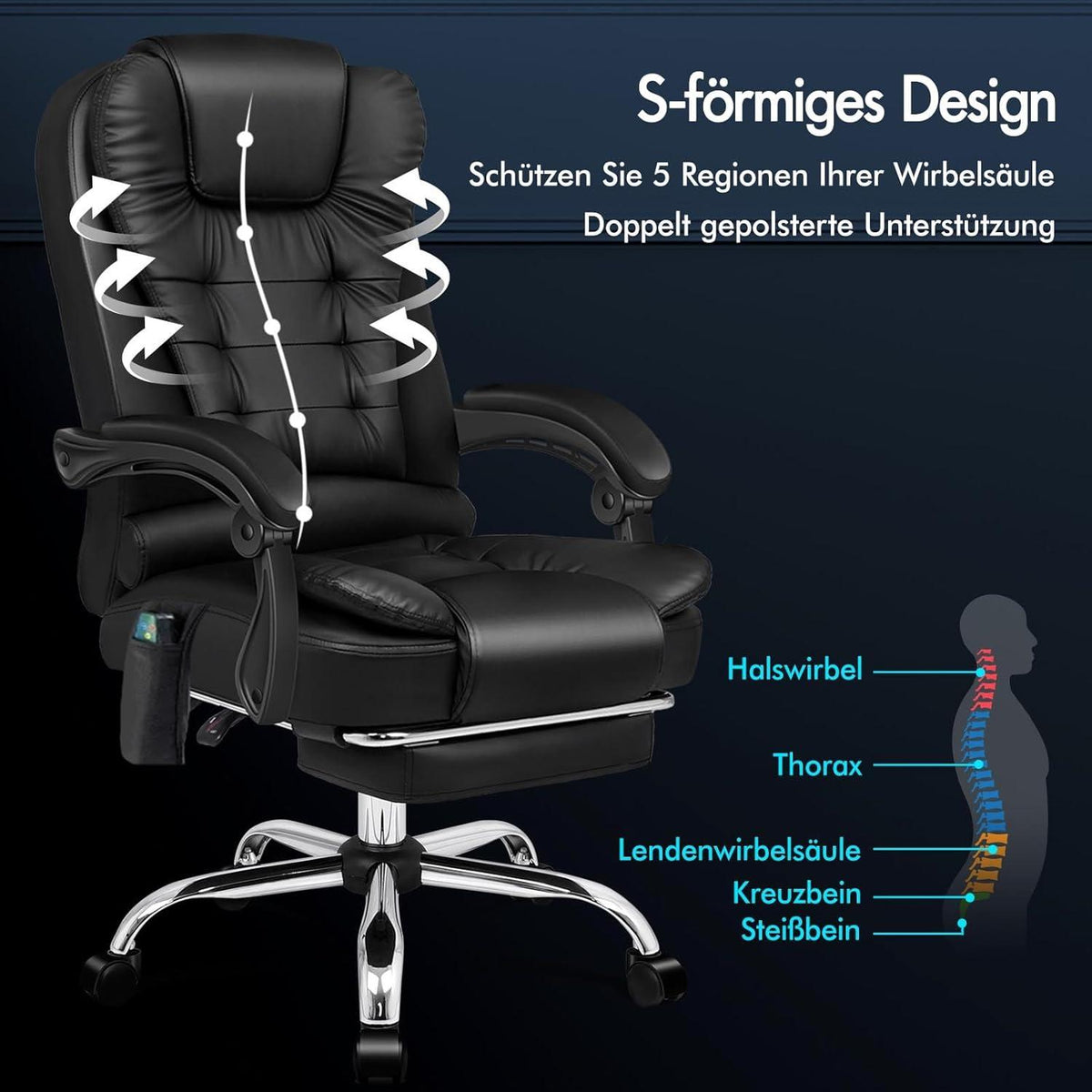 Bürostuhl mit Lordosenstütze Armlehne Rückenlehne Massage Schwarz