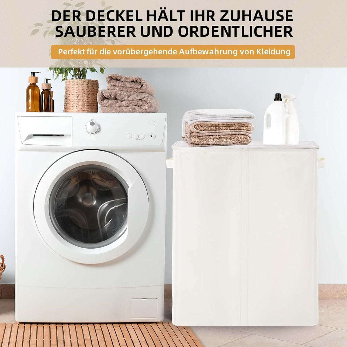 Wäschekorb mit Deckel & 2 Fächern – 135L Beige