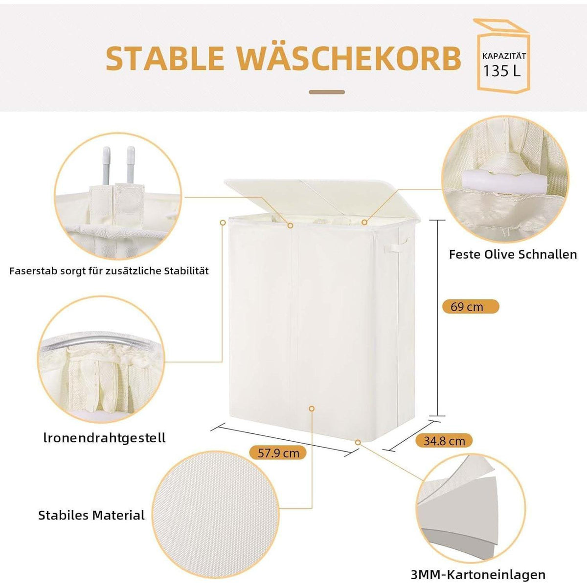 Wäschekorb mit Deckel & 2 Fächern – 135L Beige