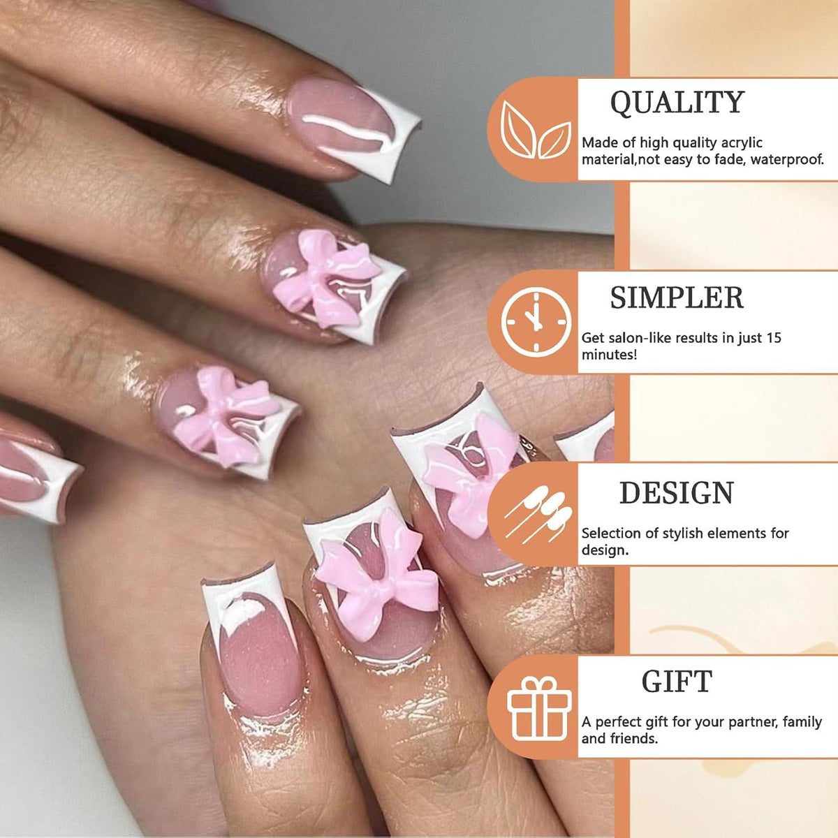24 Stücke Press on Nails French False Nails mit 3D Harz Schleifen in Nude