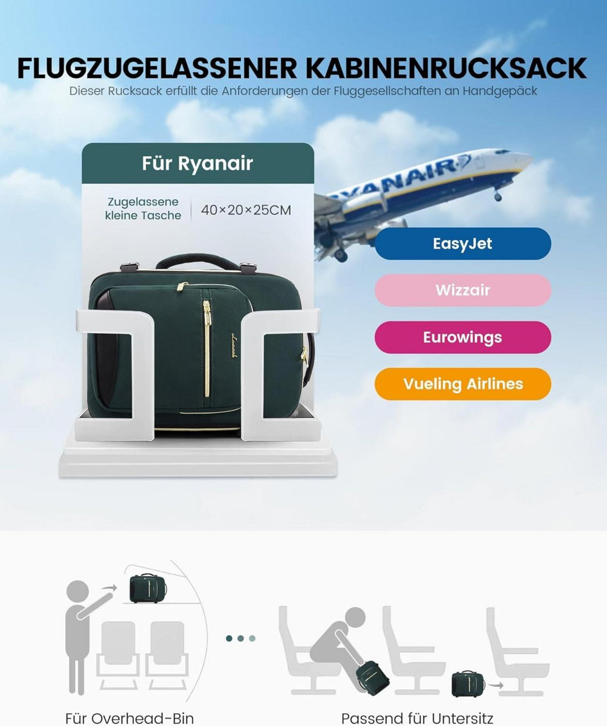 Handgepäck Rucksack 40x20x25 für Ryanair Flugzeug Damen