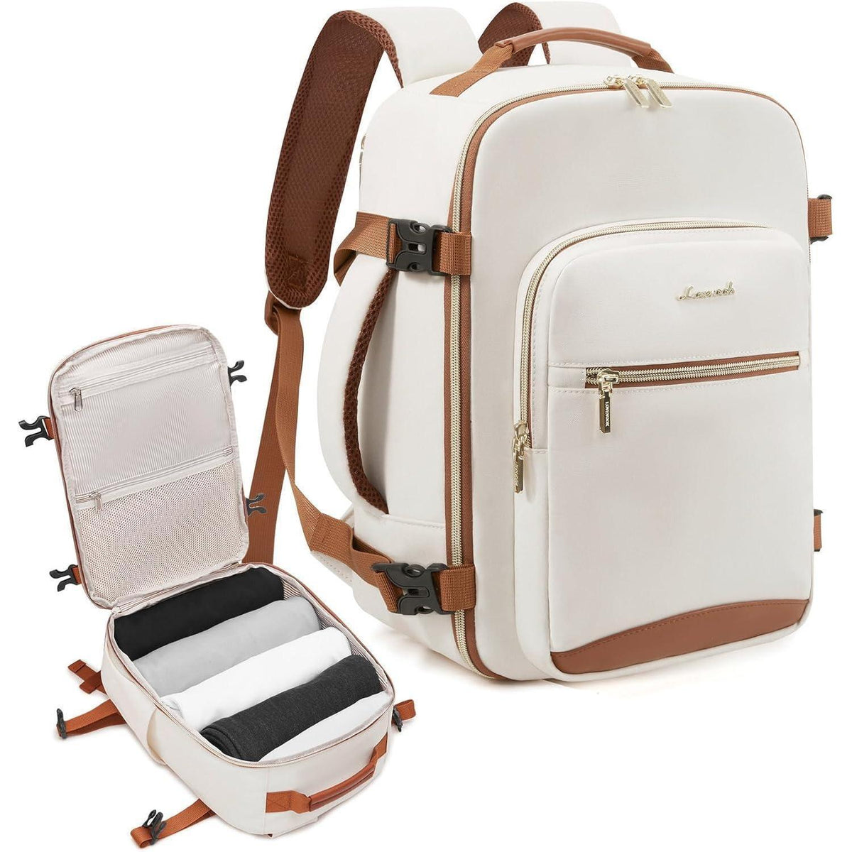 Handgepäck Rucksack 40x20x25cm, Reise Rucksack für Flugzeug, Laptopfach, Beige+braun