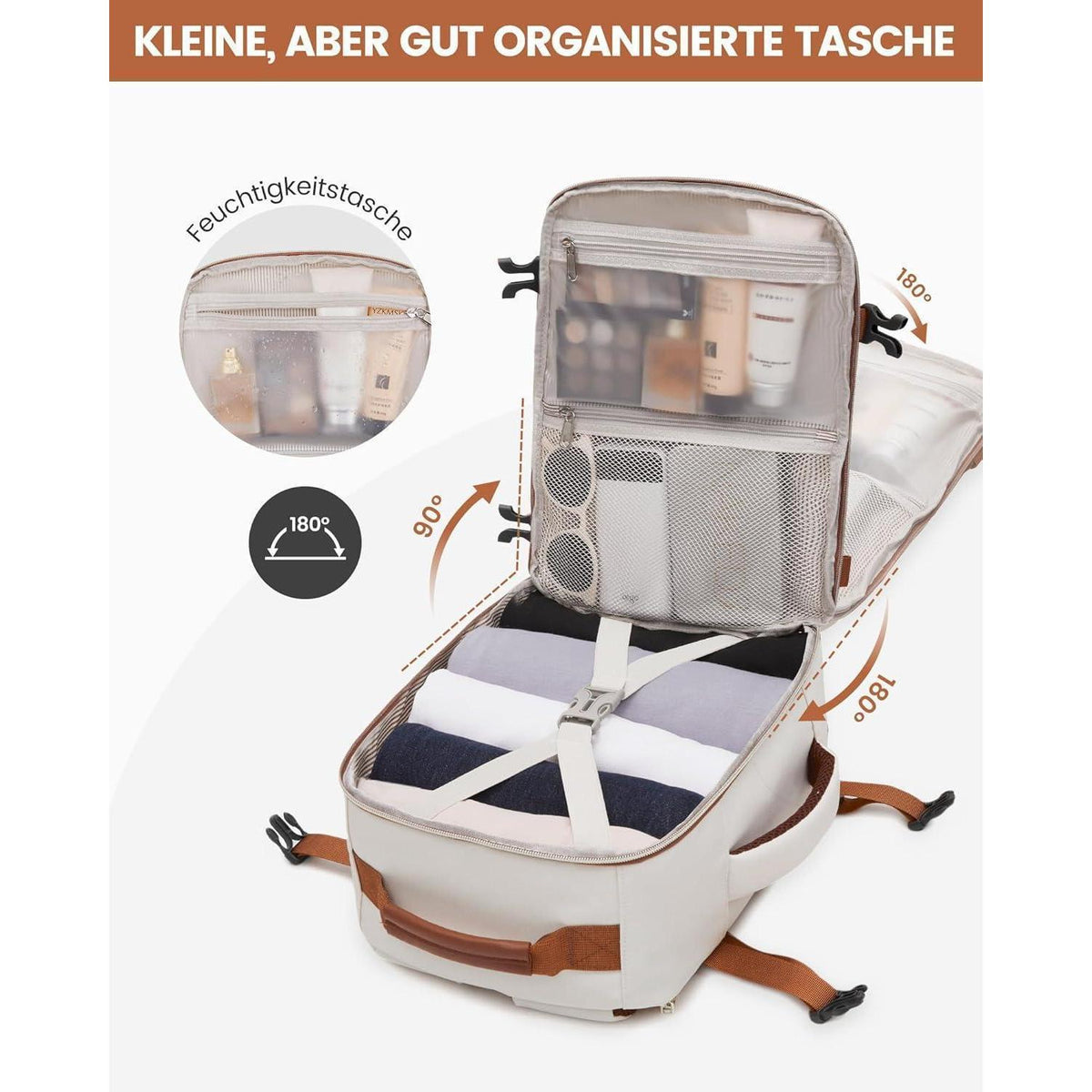 Handgepäck Rucksack 40x20x25cm, Reise Rucksack für Flugzeug, Laptopfach, Beige+braun