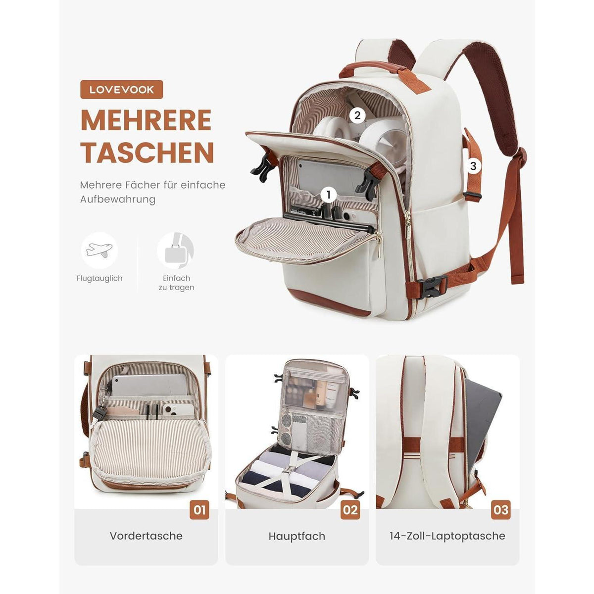 Handgepäck Rucksack 40x20x25cm, Reise Rucksack für Flugzeug, Laptopfach, Beige+braun
