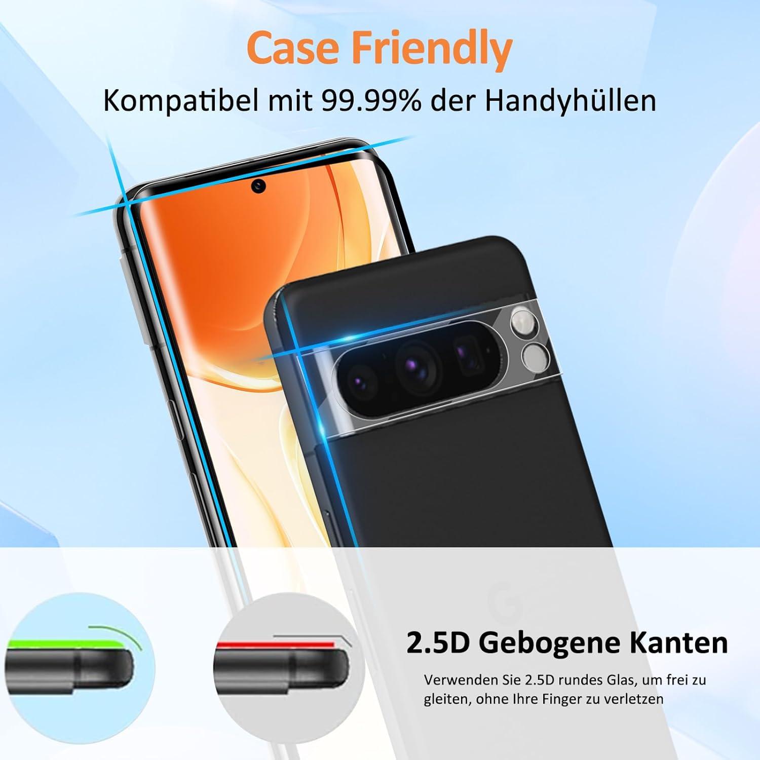 Google Pixel 8 Pro Panzerglas Schutzfolie 2 Stk. Kratzfest, Blasenfrei, 9H Gehärtet, Kamera-Schutz