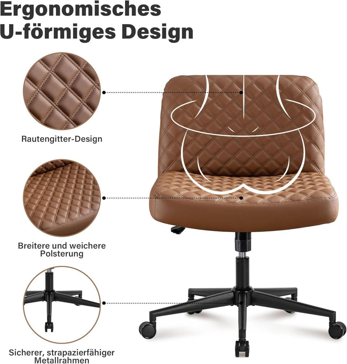 Ergonomischer Bürostuhl ohne Armlehnen, mit Rollen, Wippfunktion - Höhenverstellbar