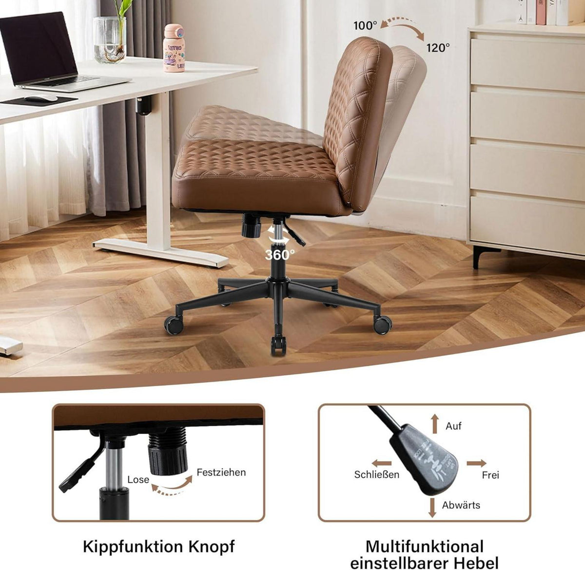 Bürostuhl ohne Armlehnen mit Rollen, ergonomisches Design, höhenverstellbar