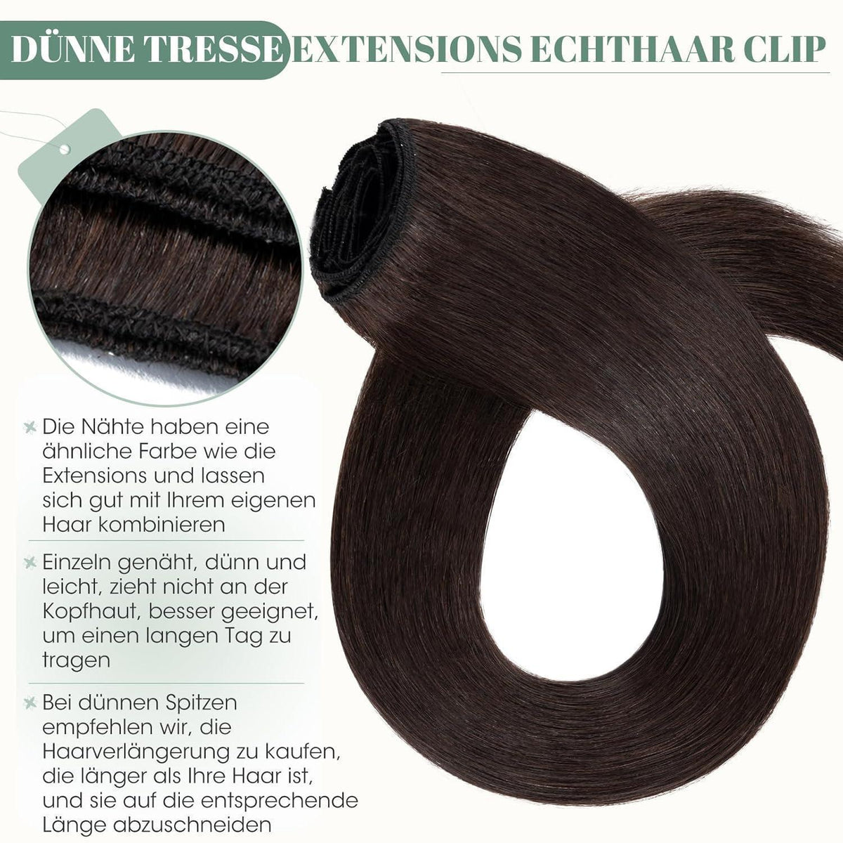 Echthaar Clip ins Haarverlängerung Dunkelbraun 60cm - 8 Stück