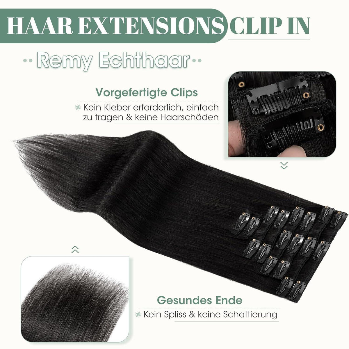 Echthaar Clip ins Haarverlängerung #1 Lackschwarz 45cm - 8 Stück