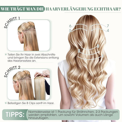 Echthaar Clip ins Haarverlängerung Schwarz 50cm - 8 Stück