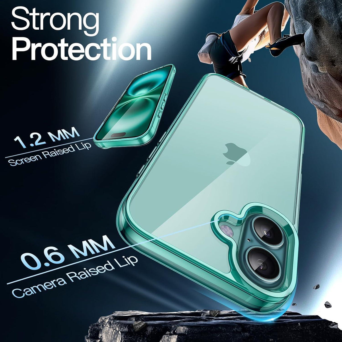 iPhone 16 Hülle transparent blaugrün, stoßfest