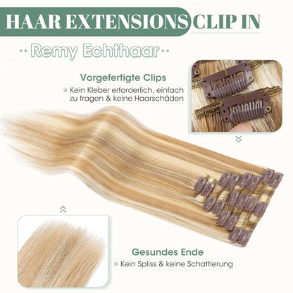 Echthaar Clip ins 55cm #12/613 Blond Strähnchen