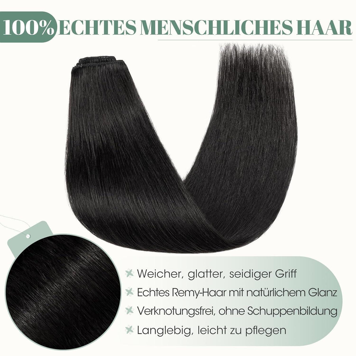 Echthaar Clip ins Haarverlängerung #1 Lackschwarz 50cm - 8 Stück