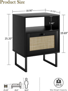 Boho Großer Rattan Nachttisch mit Schublade und Eiche Regal