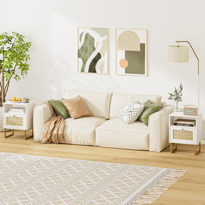 Boho Rattan Nachttisch, Weiß & Natur, Beistelltisch mit Schublade